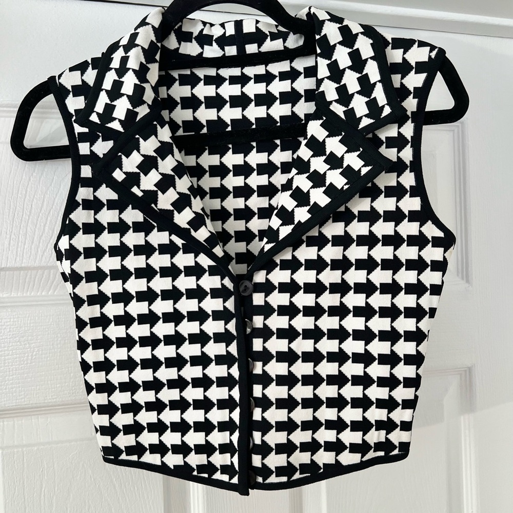Herve Leger Checkered Arrow Sleeveless Crop Top Button Vest
